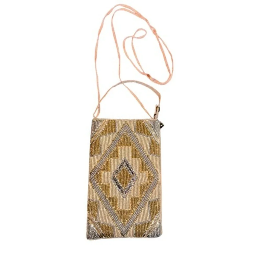 4/$40 Geometric Cream‎ and Gold Beaded Beaded Crossbody or Hand Bag